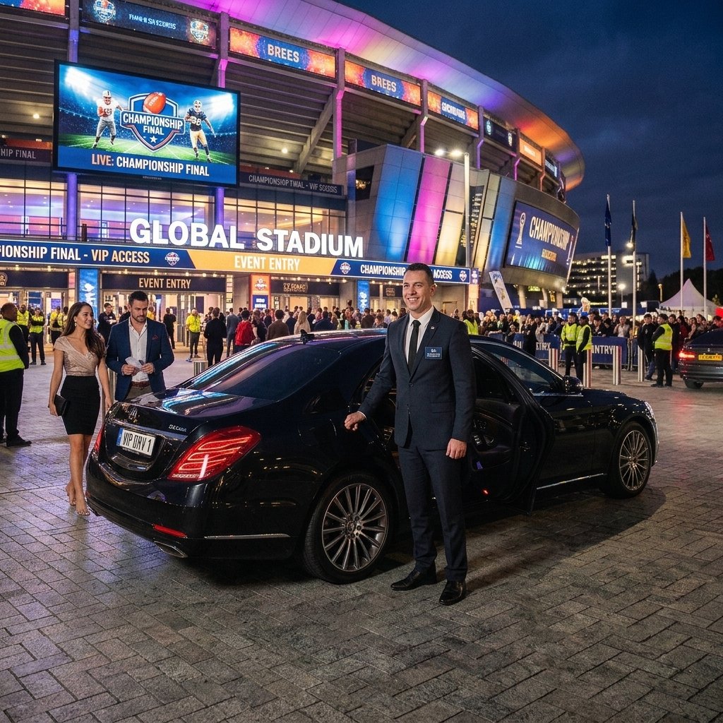 Mercedes-Benz S-Class saloon displayed at the World Cup event, showcasing luxury and automotive excellence.