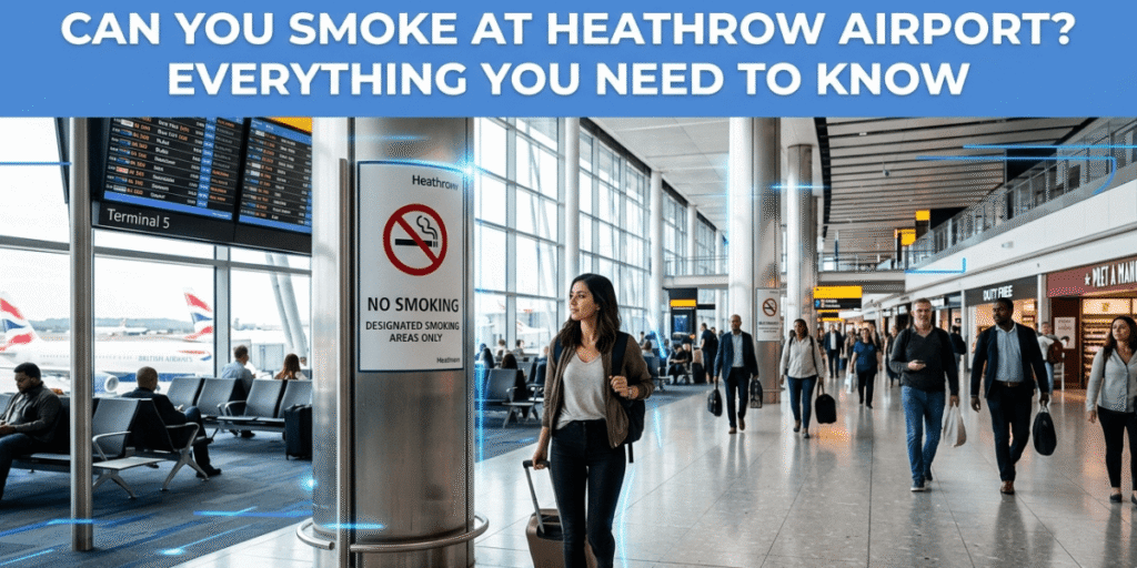 A sign indicating smoking areas at Heathrow Airport, with a background of terminal architecture.